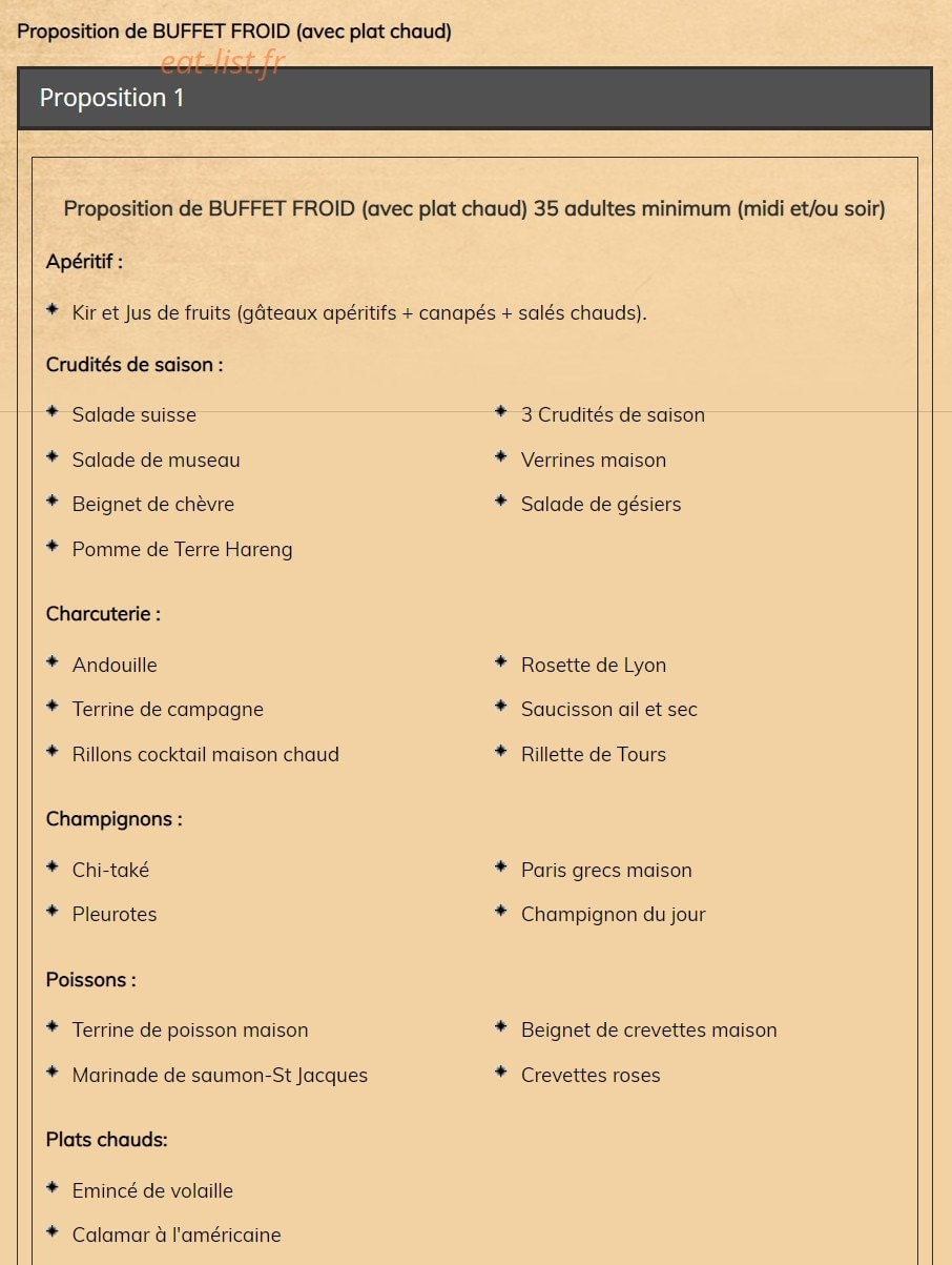 Carte et menu de Auberge de l'escotais à Saint Paterne Racan — Le buffet froid