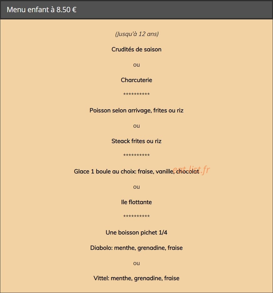Carte et menu de Auberge de l'escotais à Saint Paterne Racan — Le menu enfant