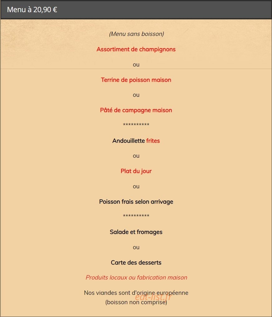 Carte et menu de Auberge de l'escotais à Saint Paterne Racan — Le menu à 20,9€