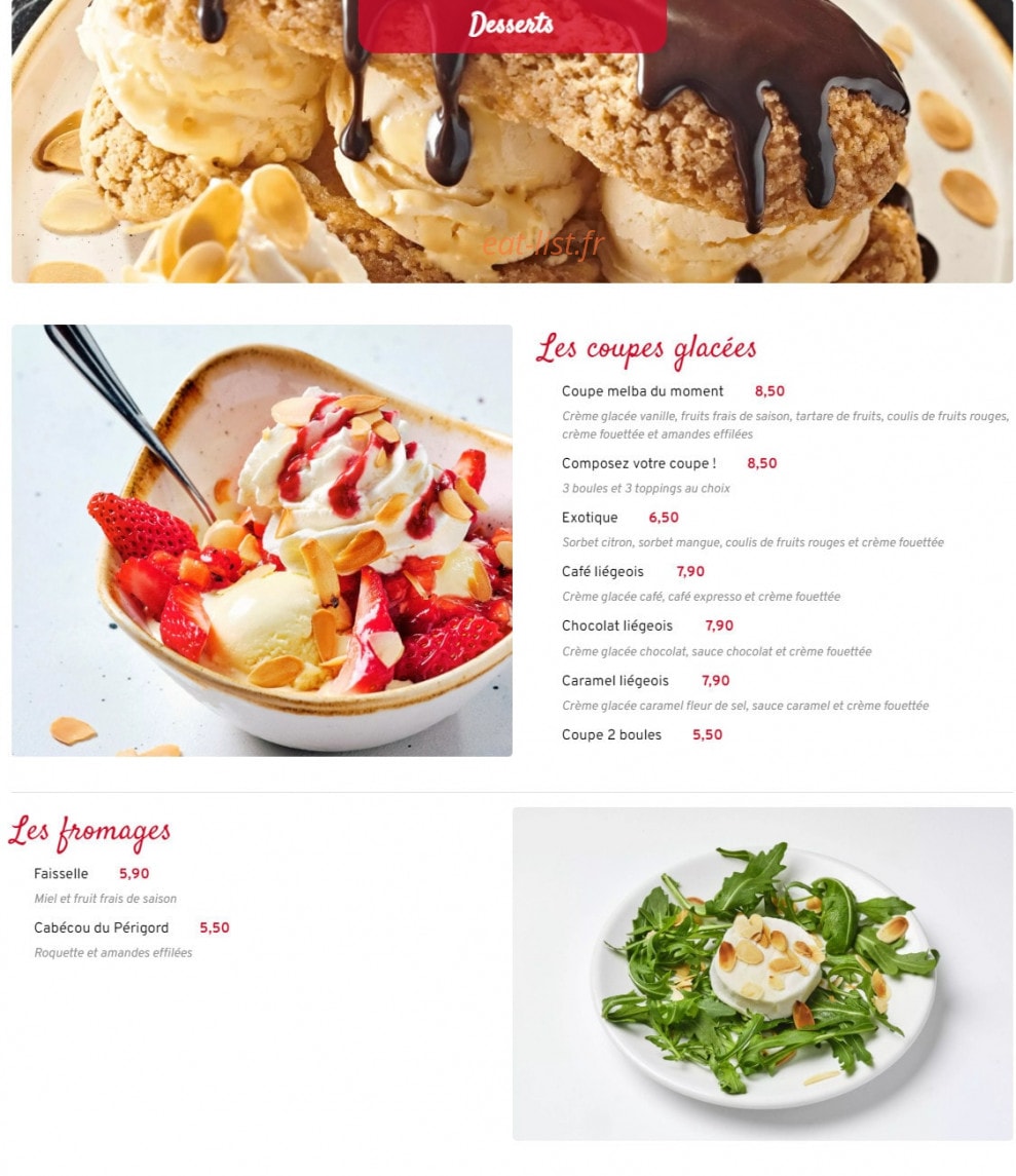 Carte et menu de Courtepaille à Monnaie — Les coupes glacées, fromages