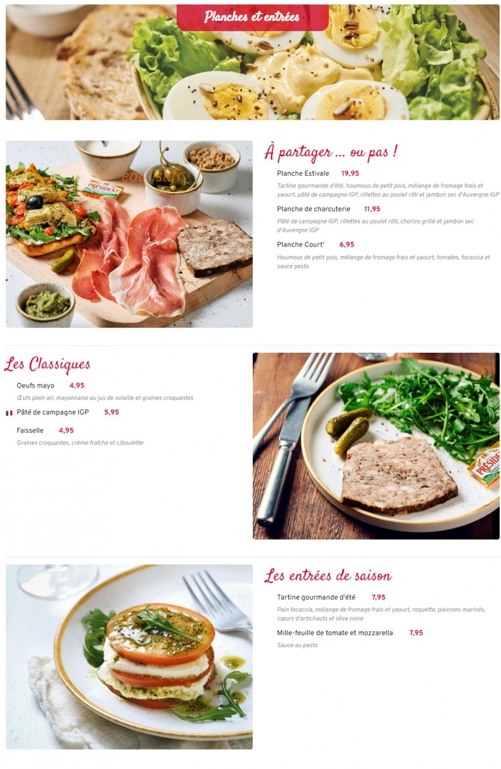 Carte et menu de Courtepaille à Monnaie — Les planches et entrées