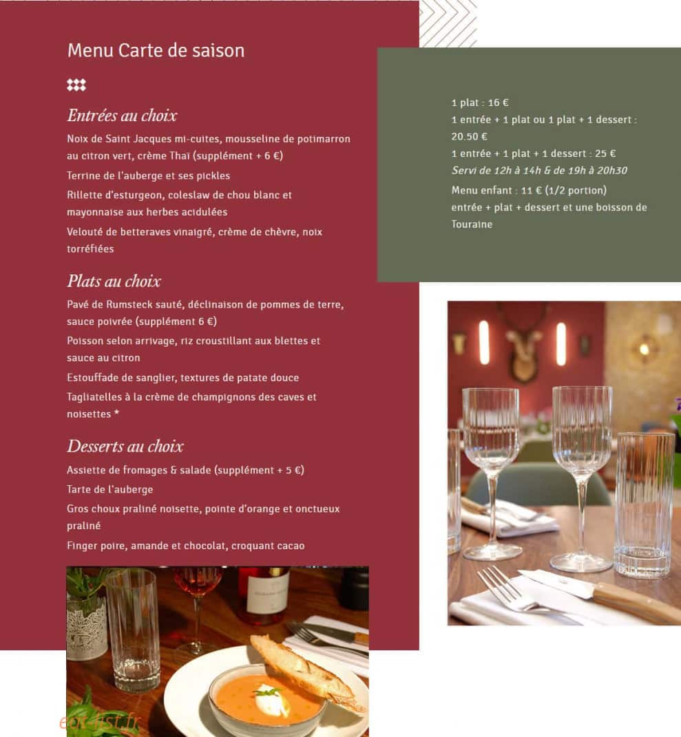 Carte et menu de Auberge de Montpoupon à Cere la Ronde — La carte
