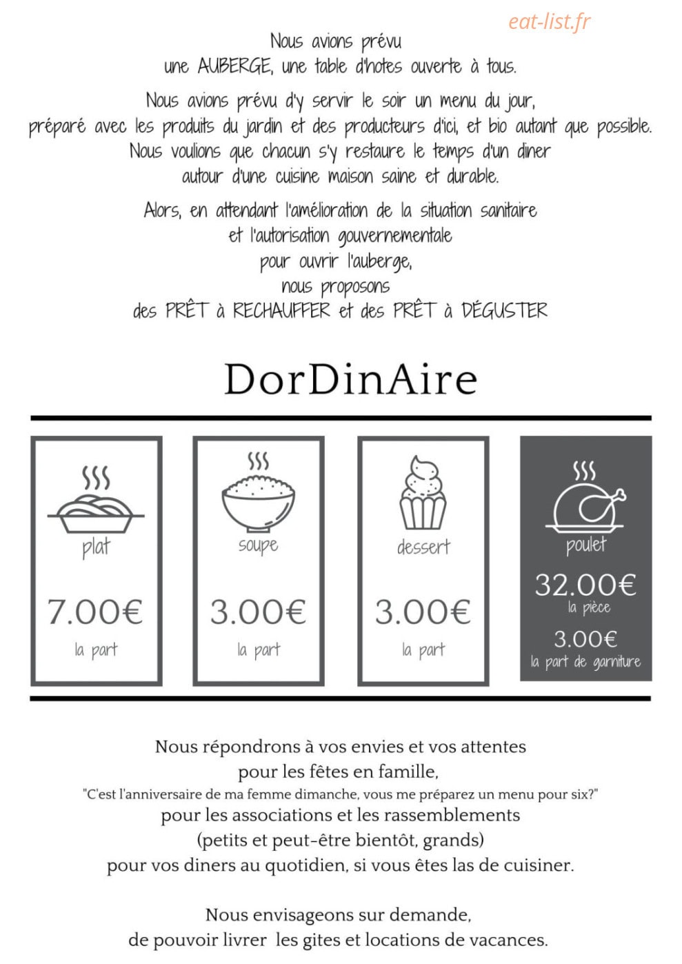 Carte et menu de Auberge DorDinAire à Nouans les Fontaines — Les plats, soupe, ...