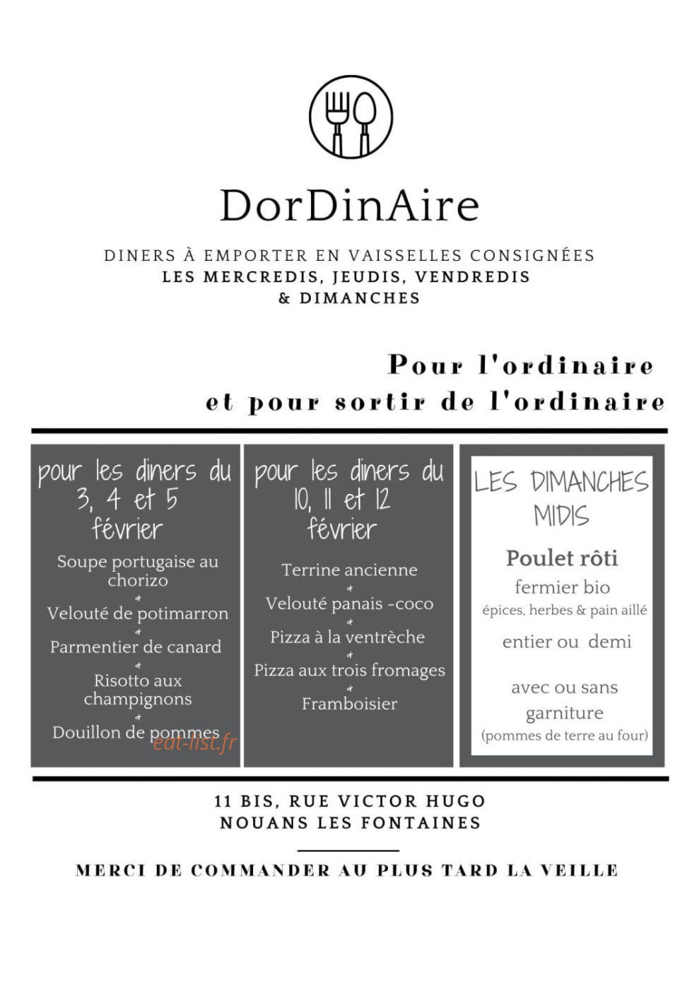 Carte et menu de Auberge DorDinAire à Nouans les Fontaines — Les diners à emporter