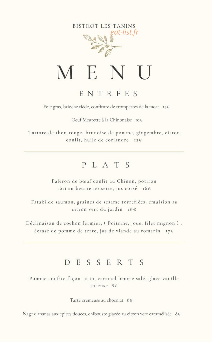 Bistrot les tanins — carte page 1