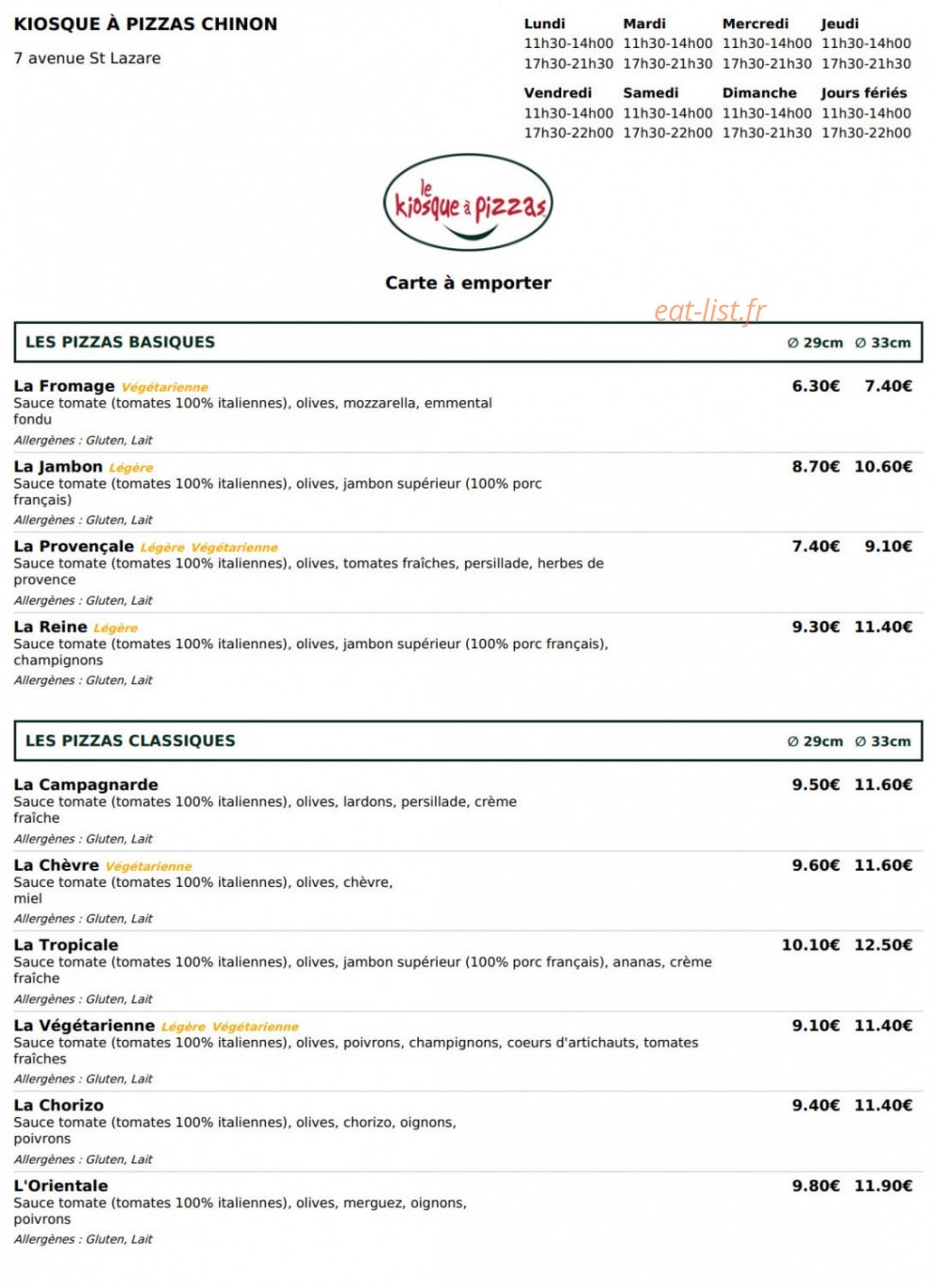 Le Kiosque à Pizzas — carte page 1