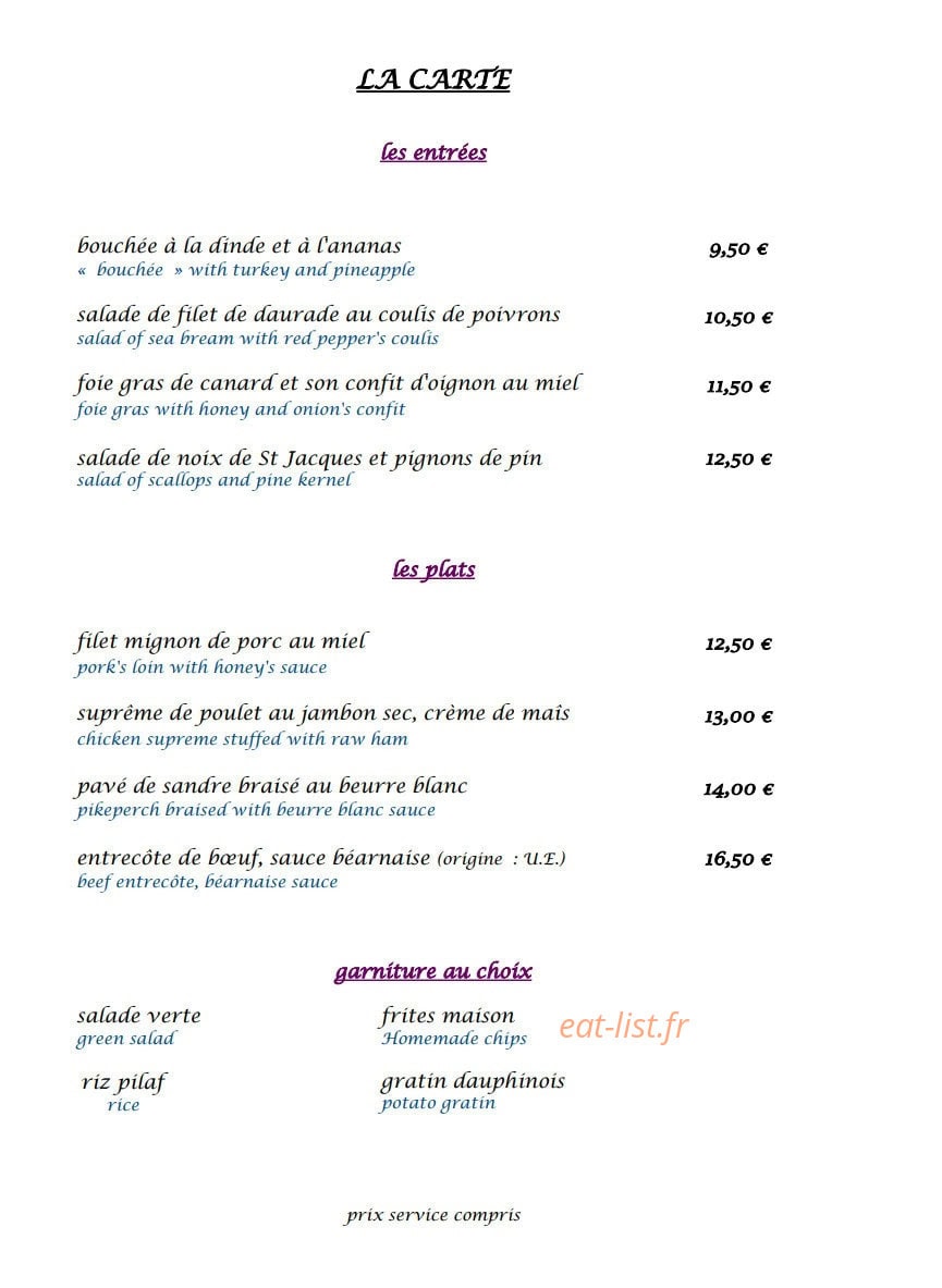 Auberge du Palmier — carte page 1