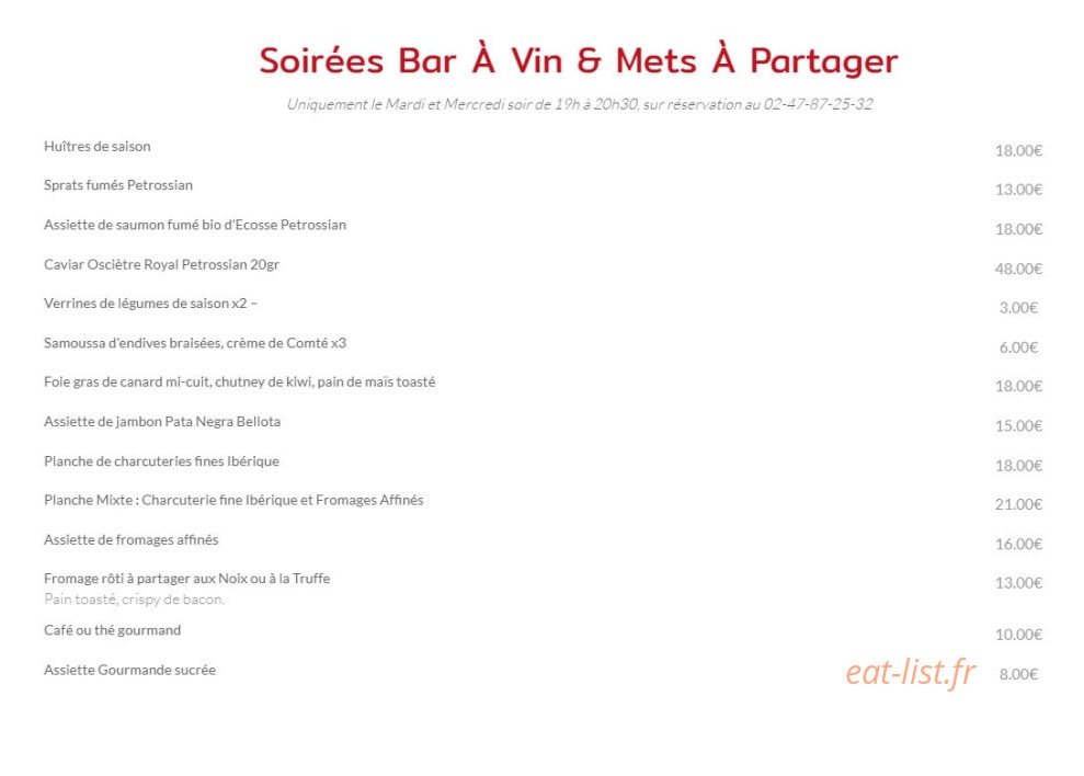 Carte et menu de L'alchimie à Saint Cyr sur Loire — Mets à partager et vins