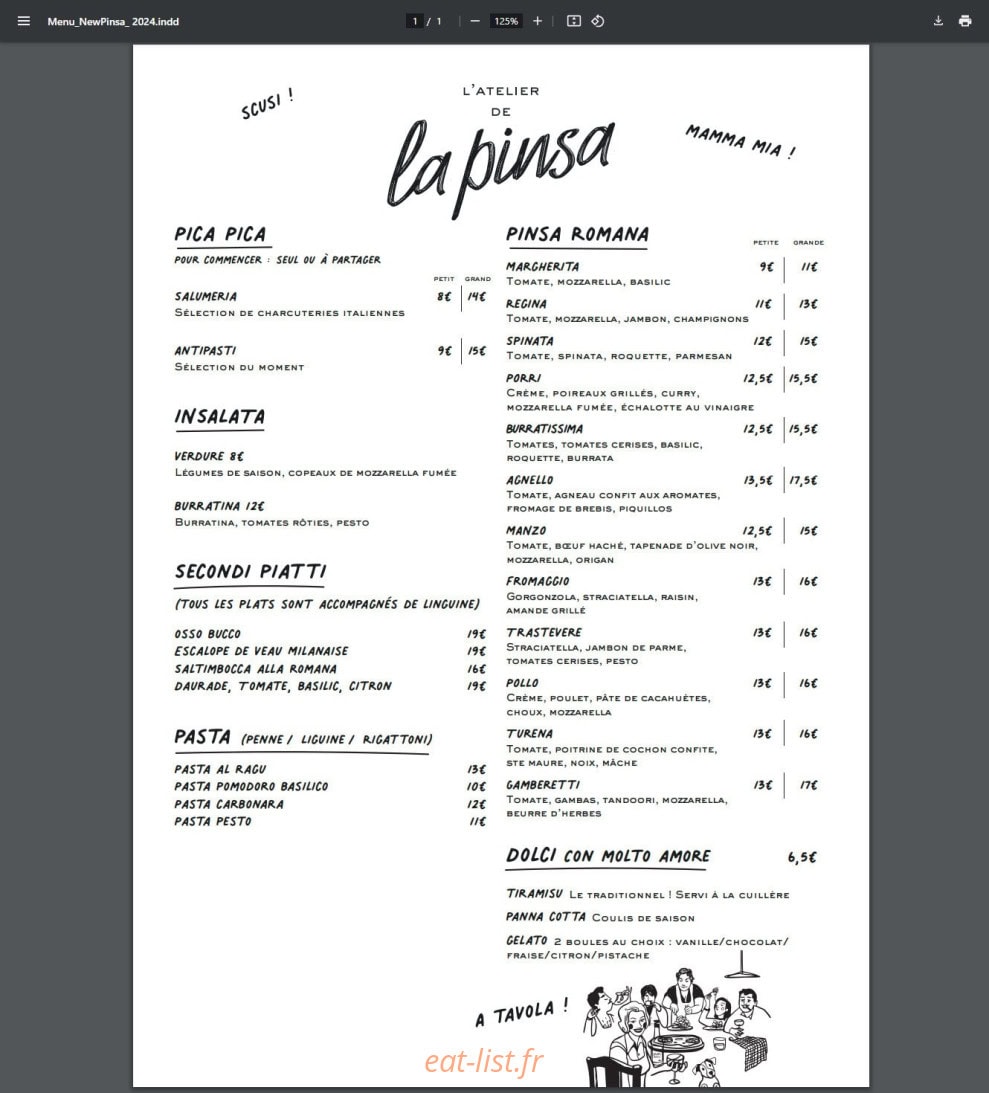 Carte et menu de L'atelier de la Pinsa à Saint Cyr sur Loire — La carte
