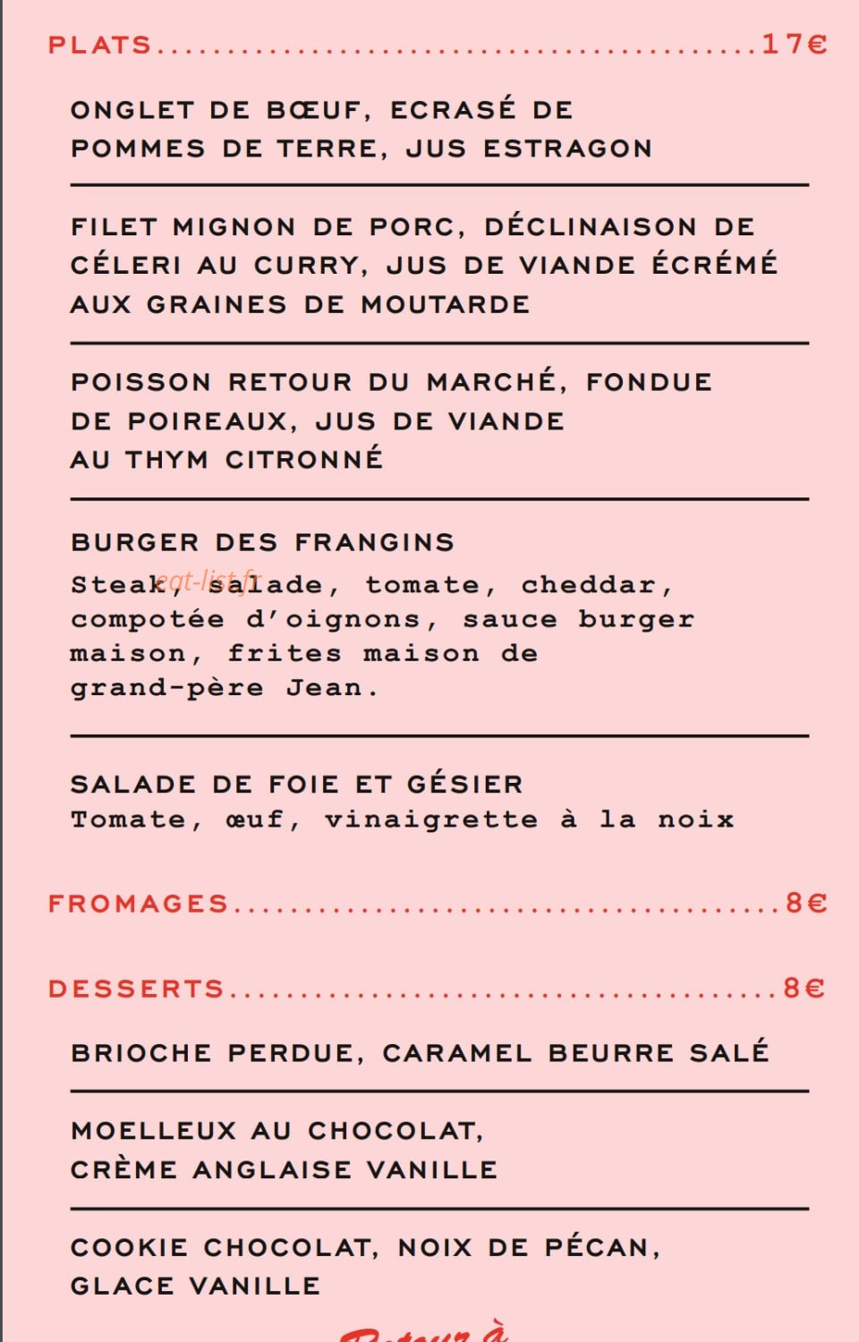 Carte et menu de La Grange des Frangins à Saint Cyr sur Loire — Les plats, fromages et desserts