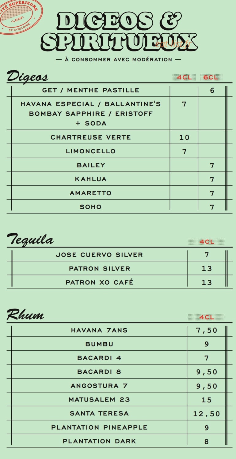 Carte et menu de La Grange des Frangins à Saint Cyr sur Loire — Digeos, tequila et rhum