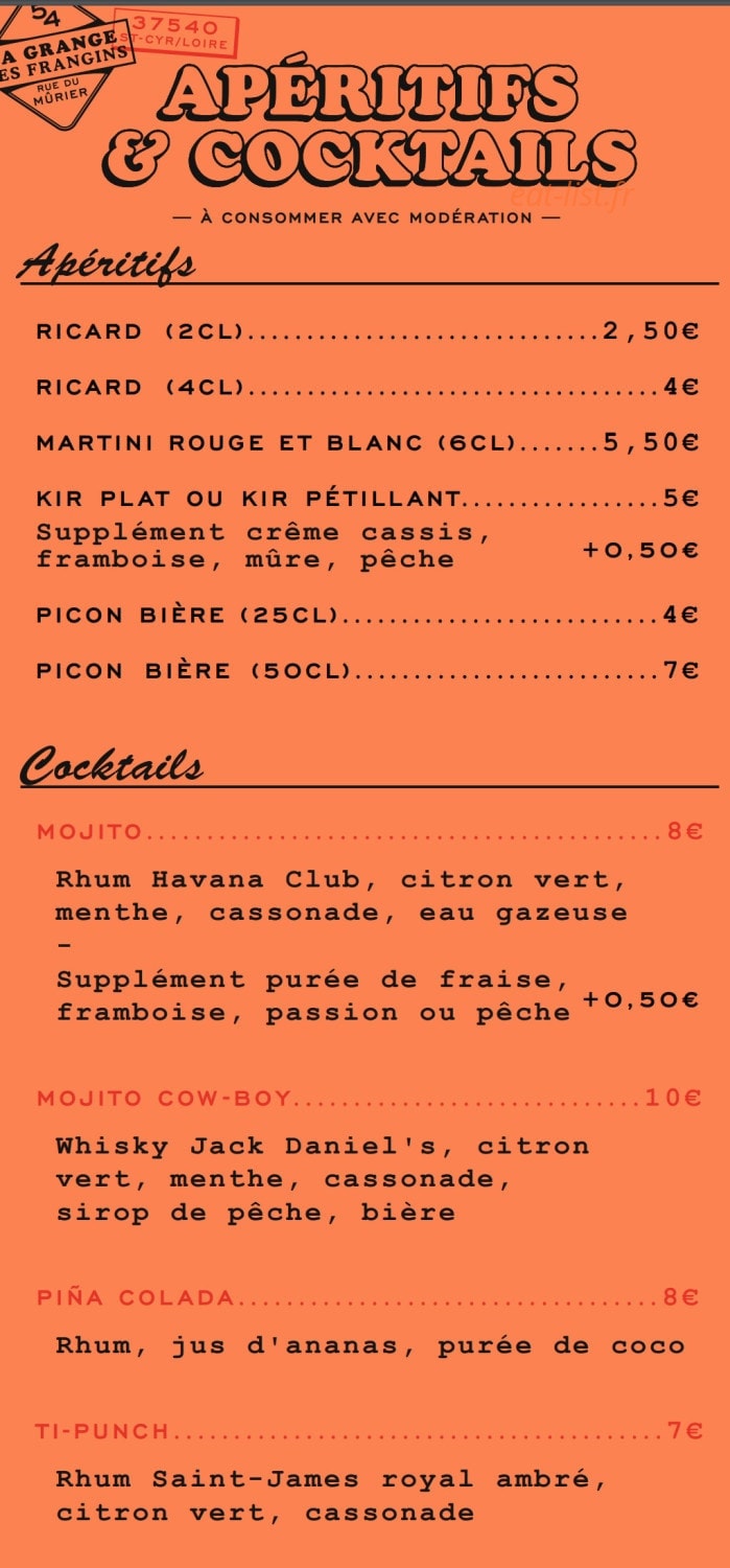 Carte et menu de La Grange des Frangins à Saint Cyr sur Loire — Les apéritifs et cocktails