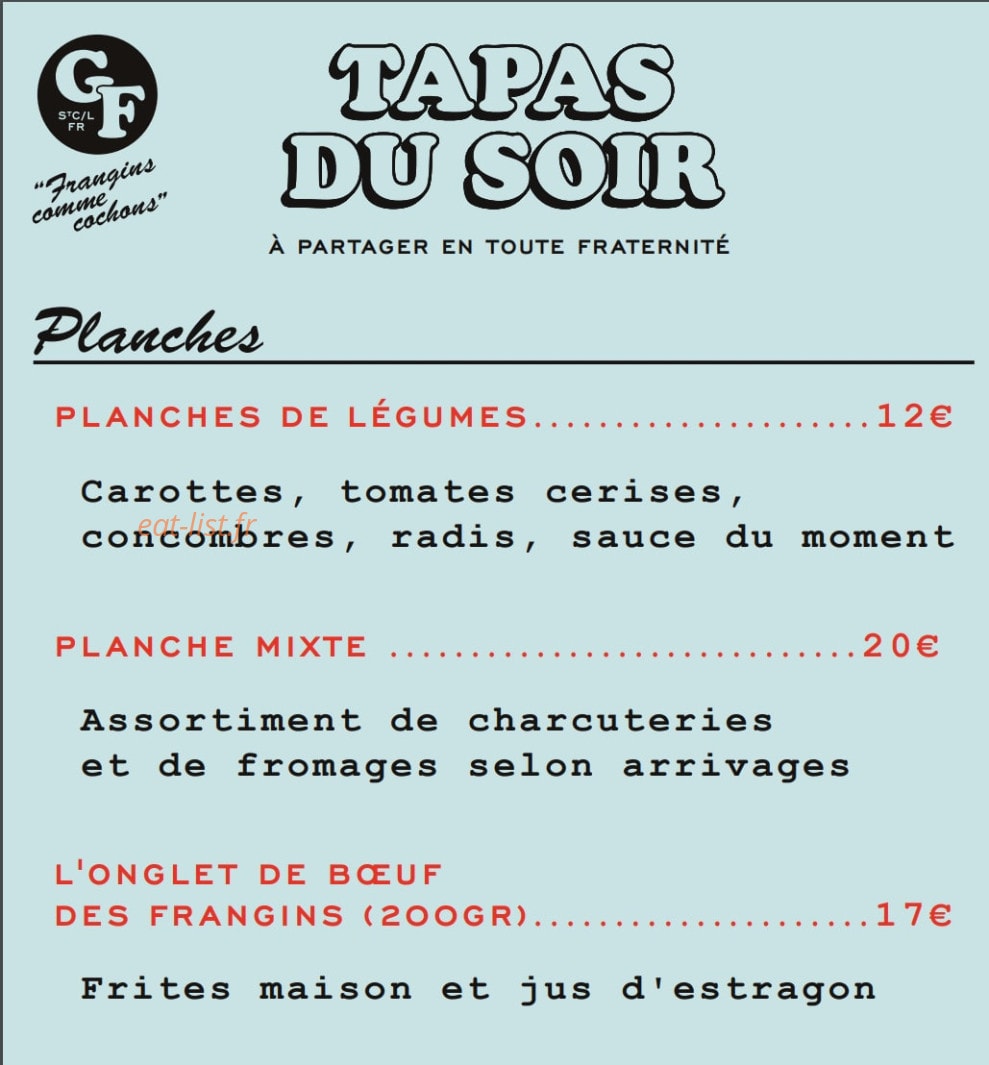 Carte et menu de La Grange des Frangins à Saint Cyr sur Loire — Tapas du soir