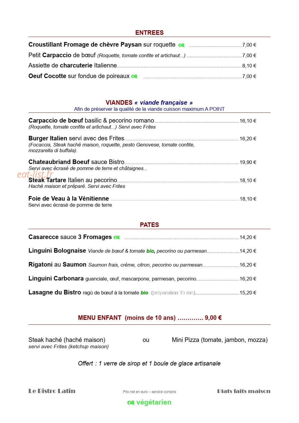 Le Bistro Latin — carte page 1