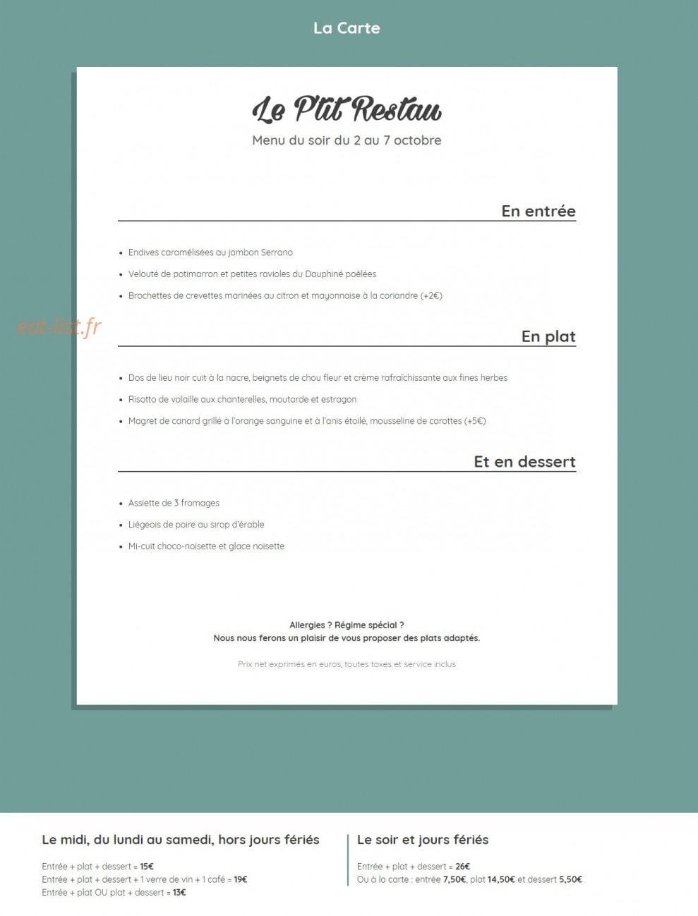 Le P'tit Restau — carte page 1