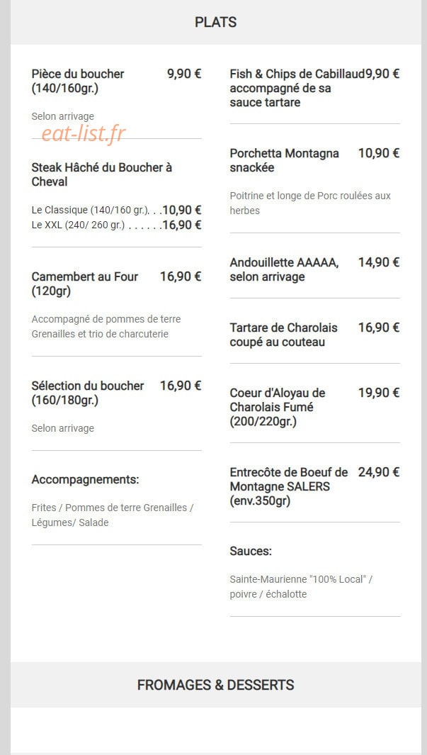 Carte et menu de Brasserie des Halles à Sainte Maure de Touraine — Les plats