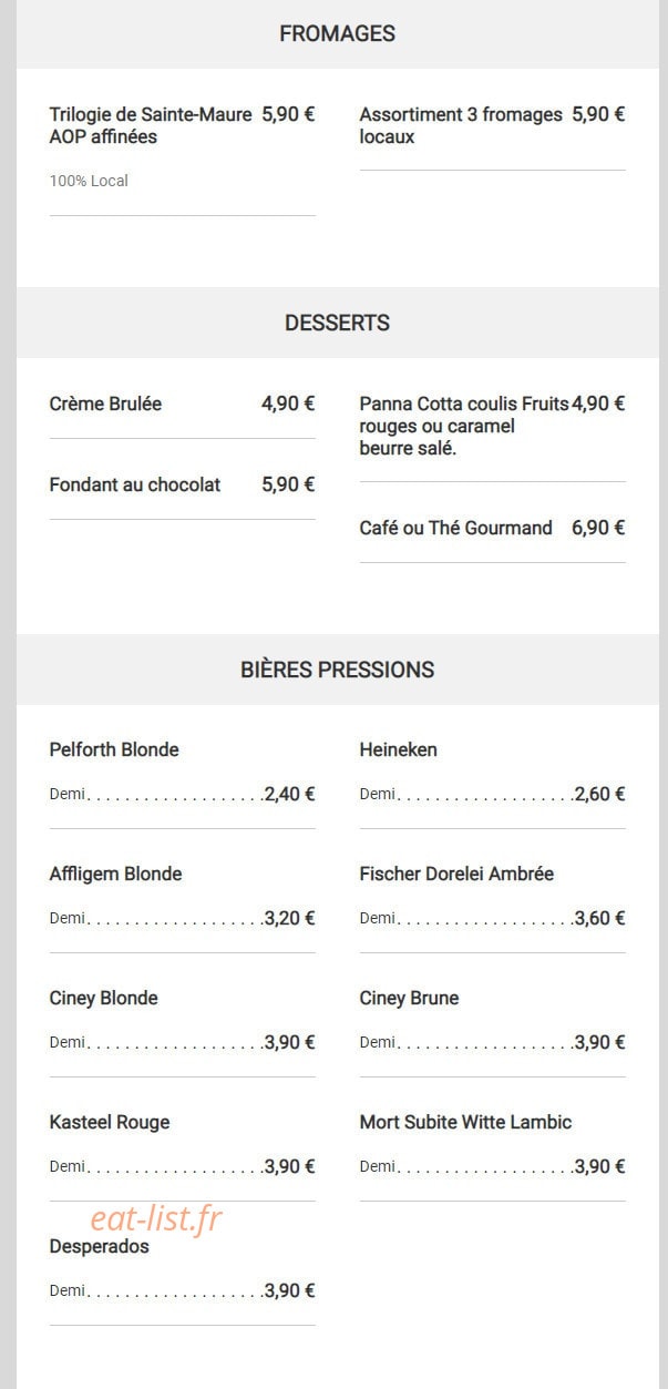 Carte et menu de Brasserie des Halles à Sainte Maure de Touraine — Les fromages, desserts, ...