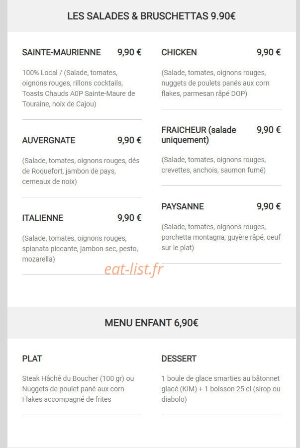 Carte et menu de Brasserie des Halles à Sainte Maure de Touraine — Les salades, bruschettas, ...