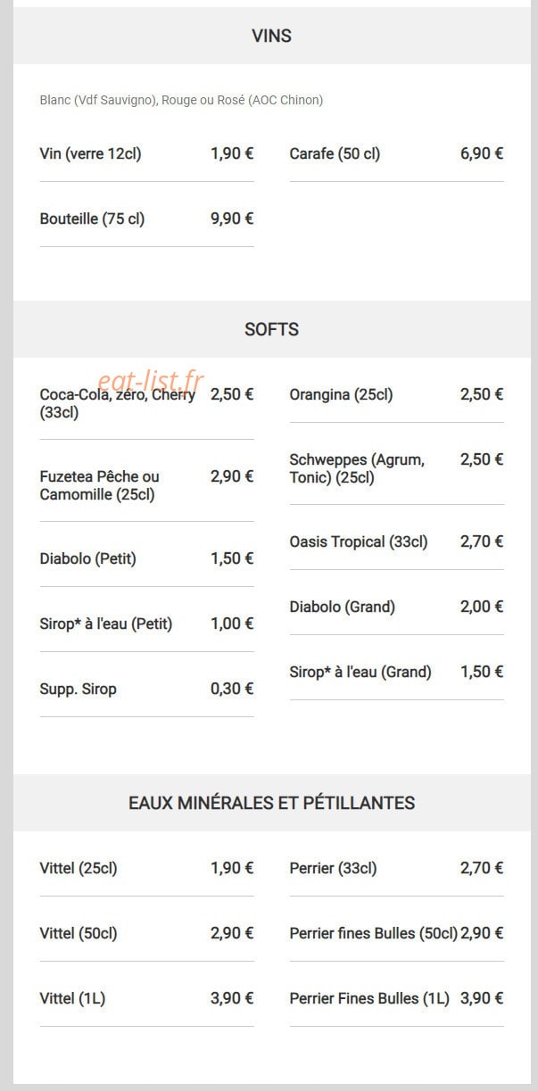 Carte et menu de Brasserie des Halles à Sainte Maure de Touraine — Les vins, softs, ...