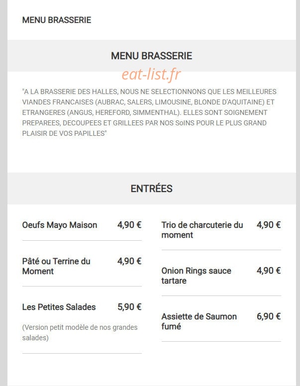 Carte et menu de Brasserie des Halles à Sainte Maure de Touraine — Les menu brasserie, entrées