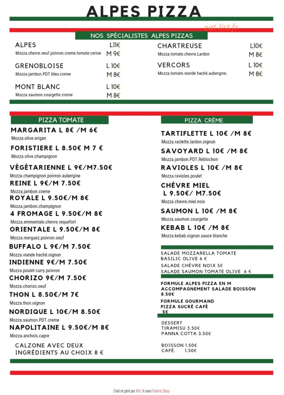 Alpes Pizza — carte page 1