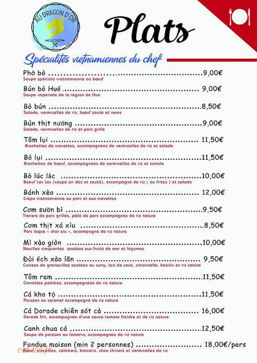Au dragon d'Or Chez Thuy — carte page 2