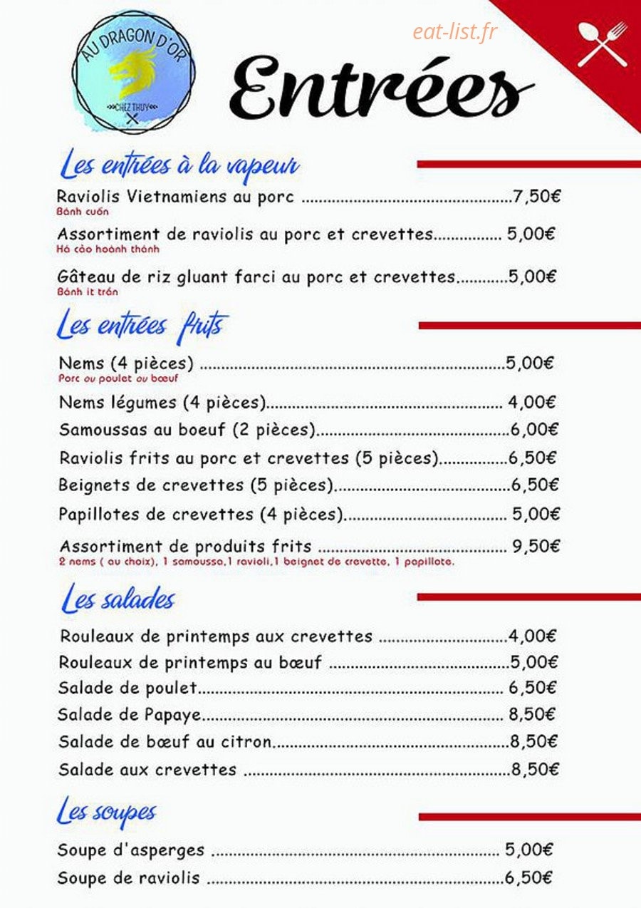 Au dragon d'Or Chez Thuy — carte page 1