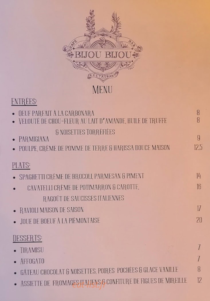 Bijou Bijou — carte page 1