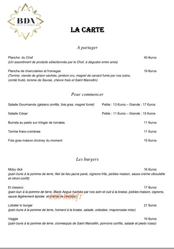Carte et menu de Brasserie des Antiquaires à Grenoble — La carte