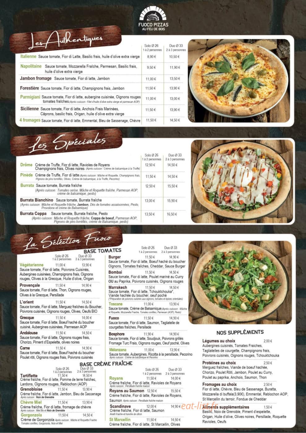 Fuoco Pizzas — carte page 1