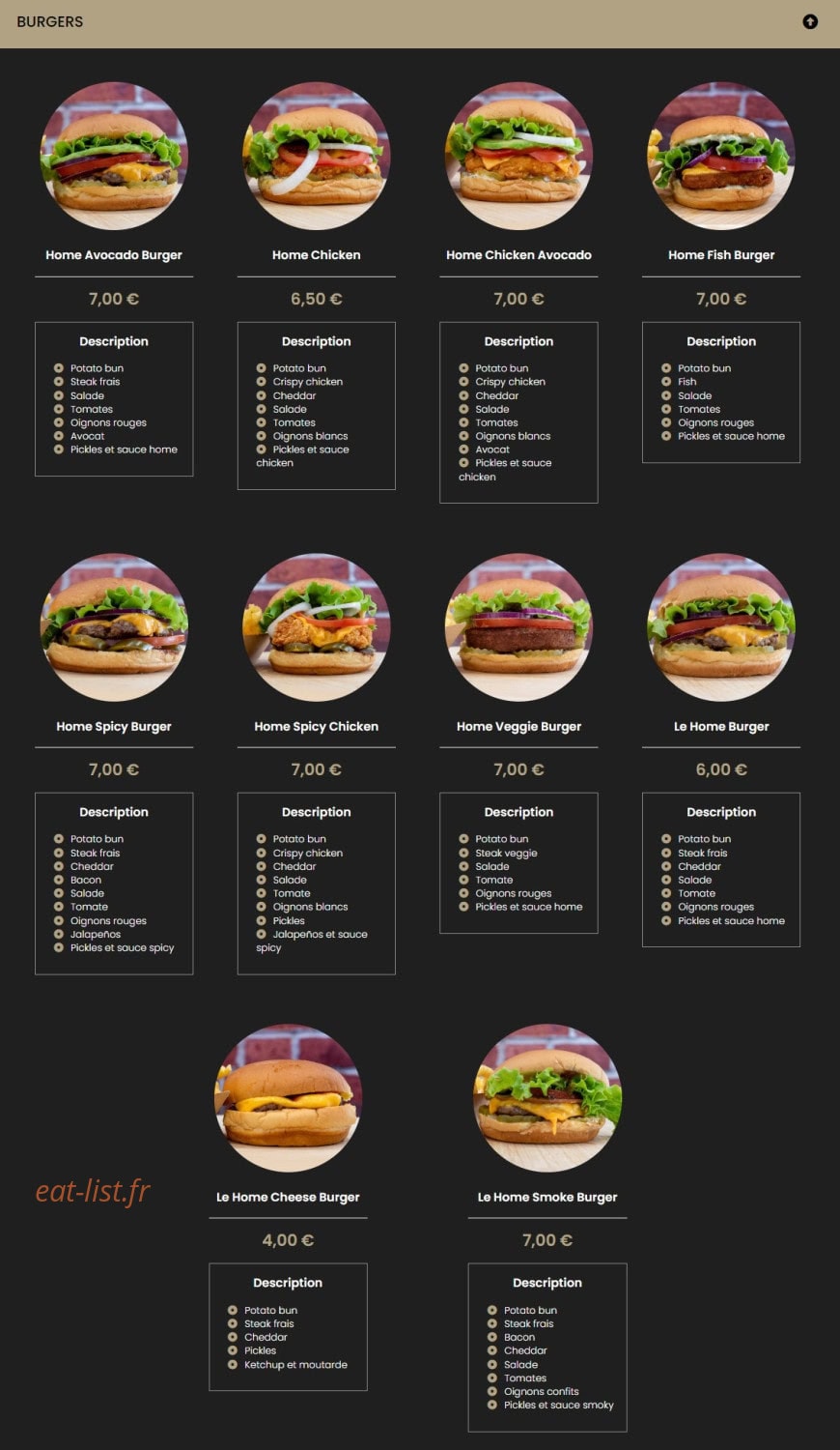 Home Burger — carte page 1