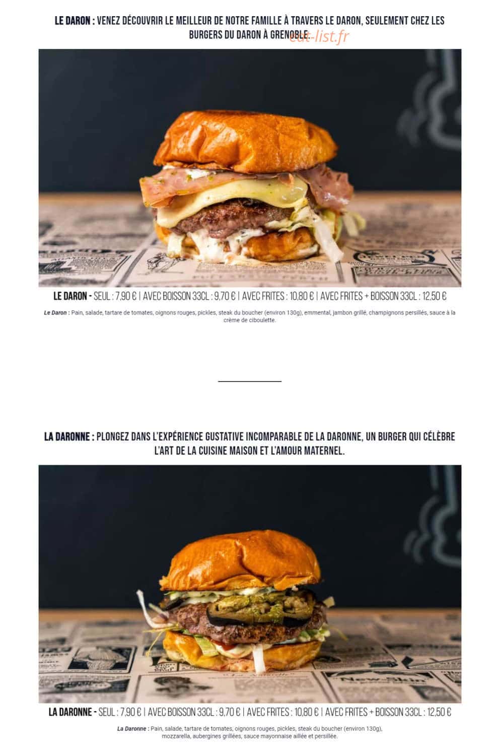 Les Burgers du Daron — carte page 1