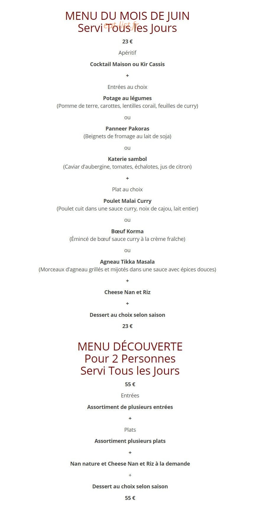Restaurant Lanka — carte page 2