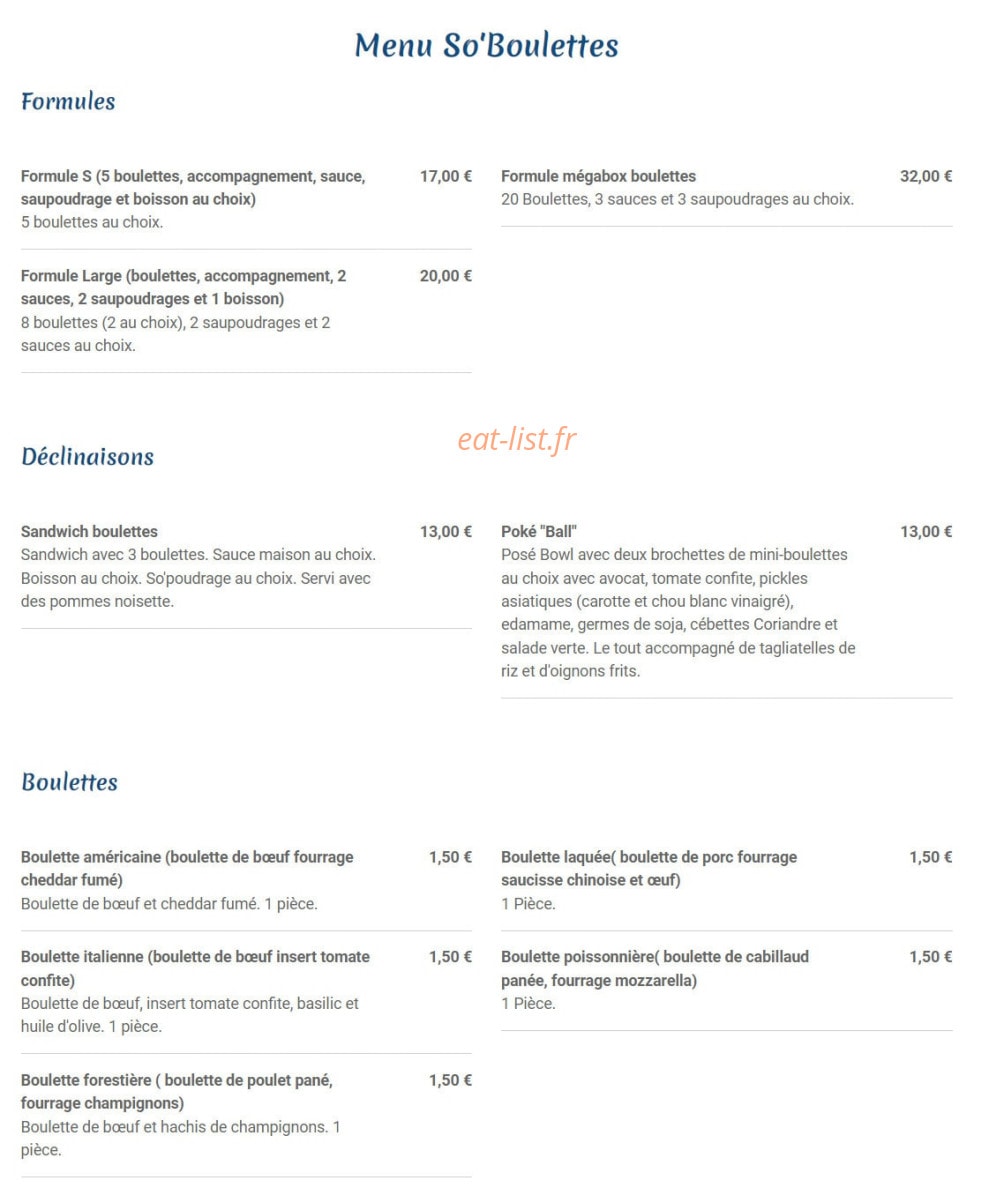 So' Boulettes — carte page 1