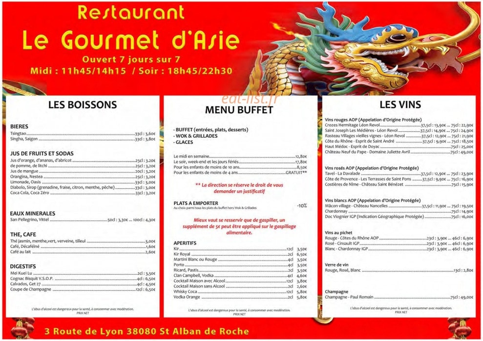 Carte et menu de Le Gourmet d' Asie à Saint Alban de Roche — Les boissons, menu buffet et vins