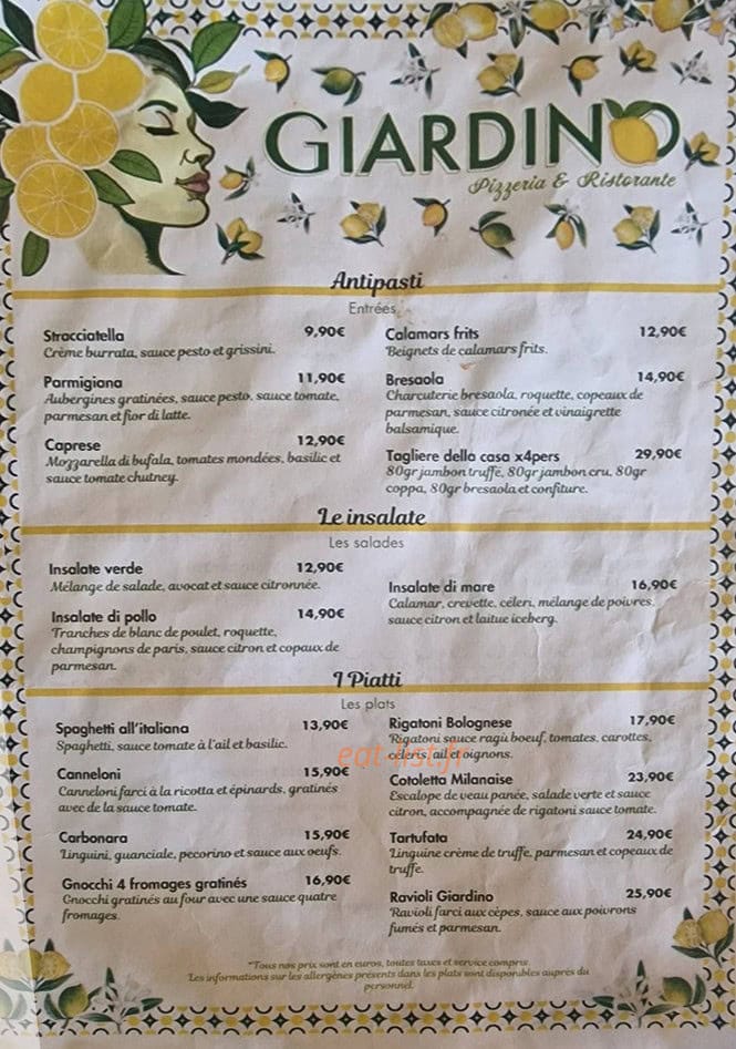 Carte et menu de Giardino By Cavallo à Villefontaine — Les entrées, plats et salades