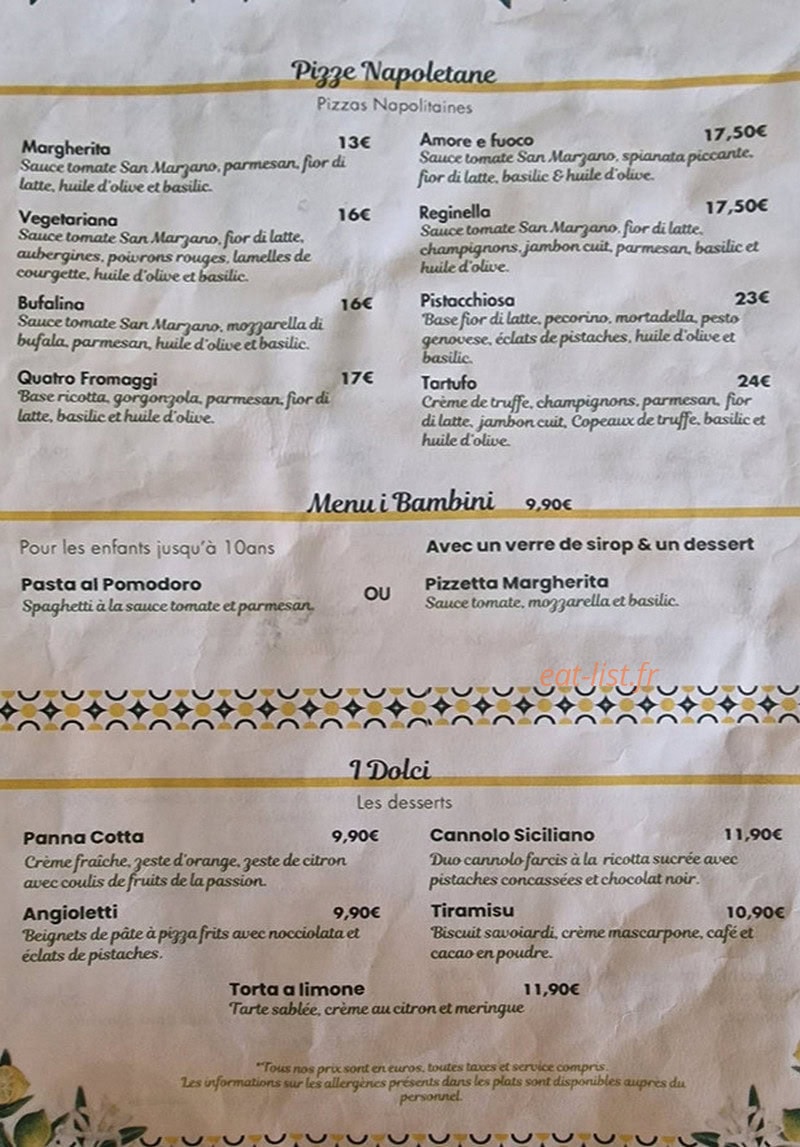 Carte et menu de Giardino By Cavallo à Villefontaine — Les pizzas, menu bambino et desserts
