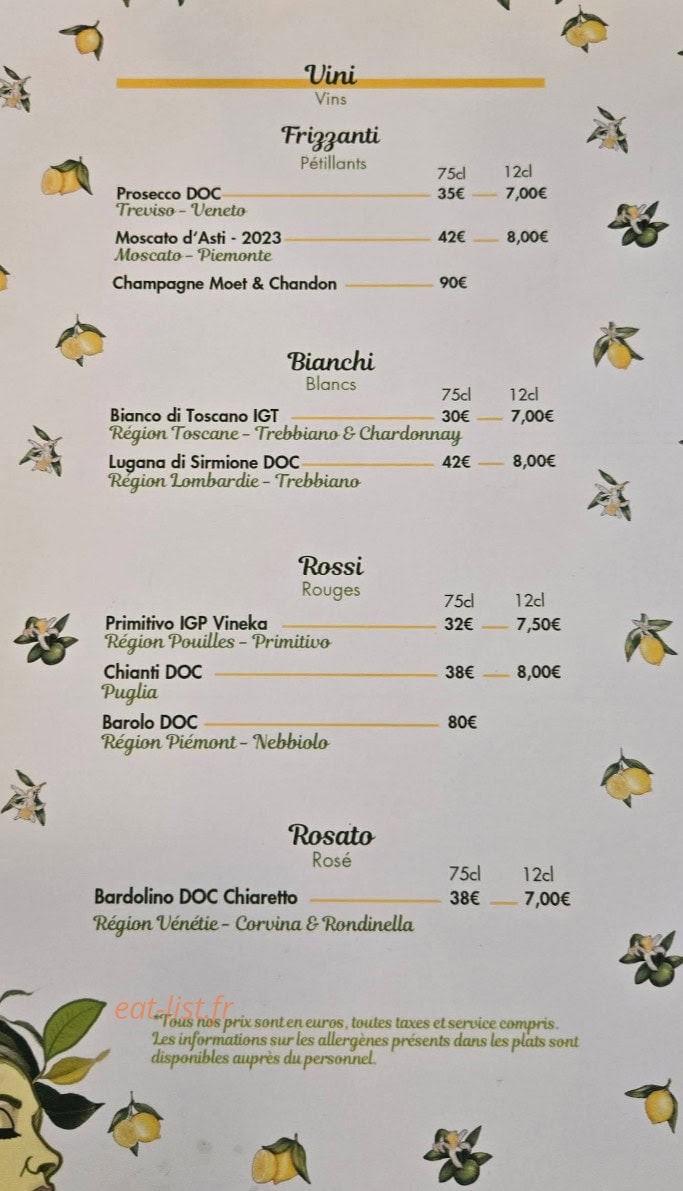 Carte et menu de Giardino By Cavallo à Villefontaine — Les vins