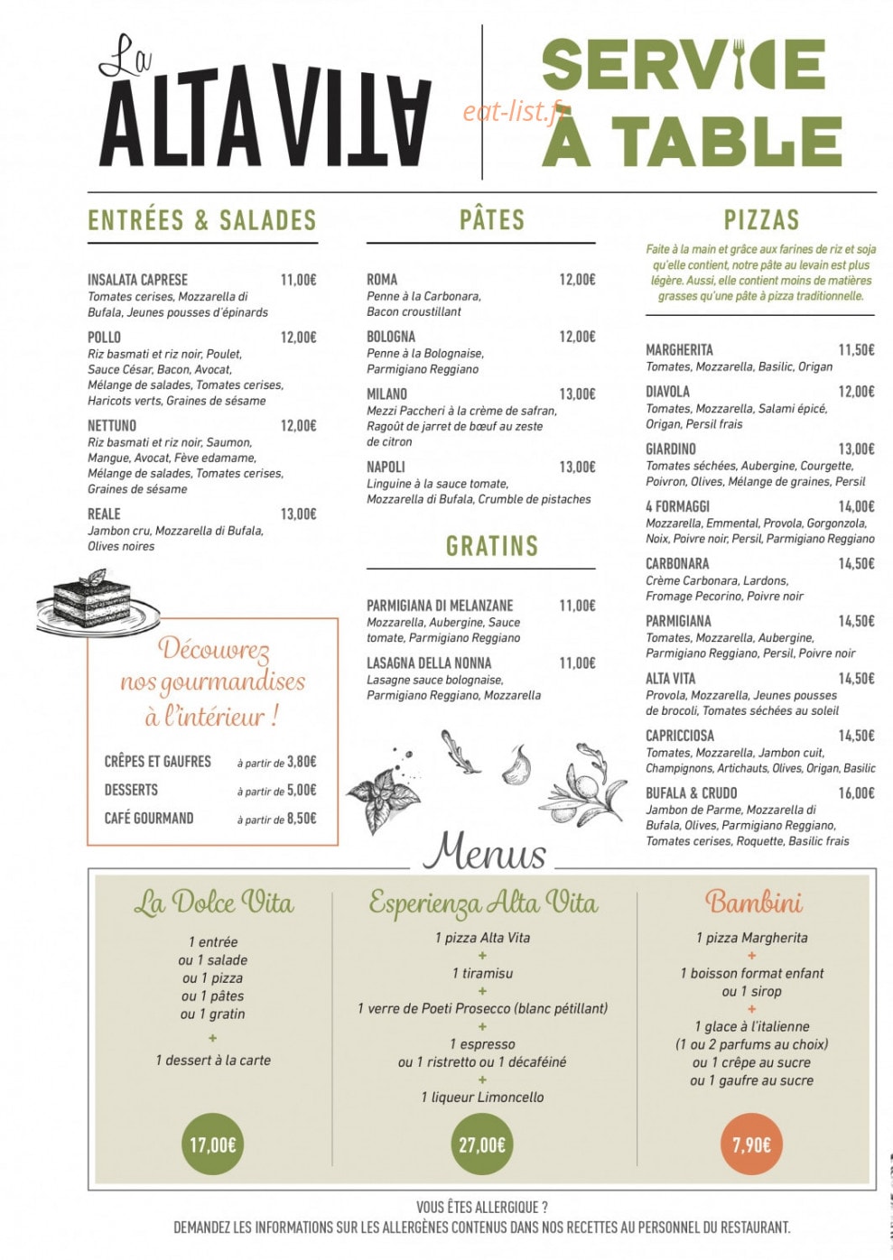 Carte et menu de La Alta Vita à Villefontaine — Les menus, pizzas, gratins...