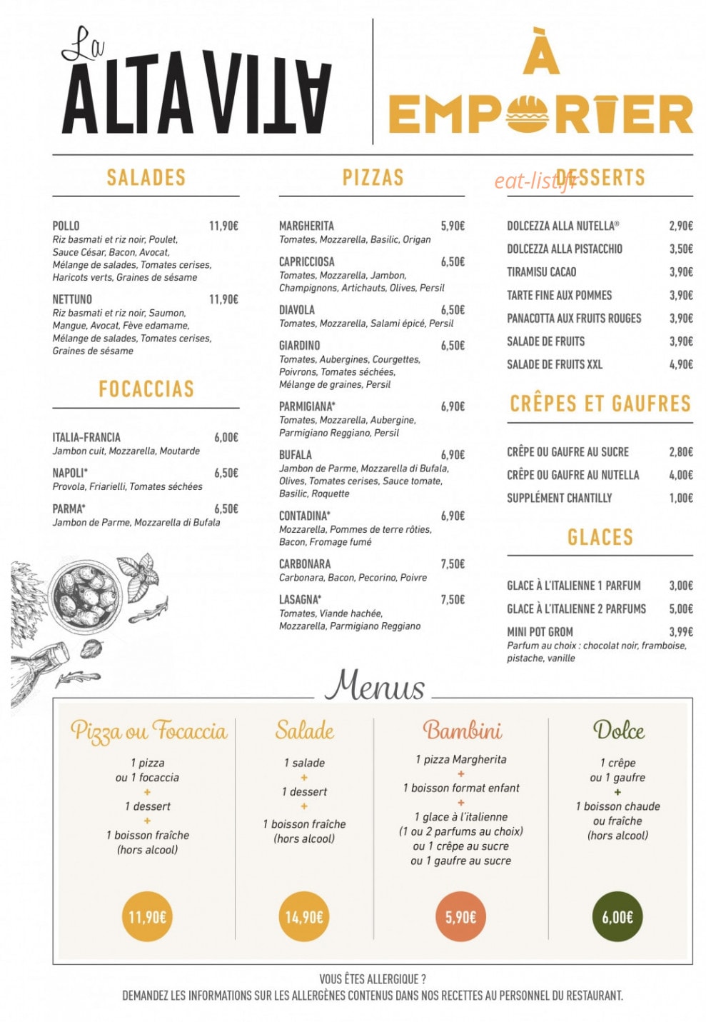 Carte et menu de La Alta Vita à Villefontaine — Les menus à emporter, pizzas, desserts....