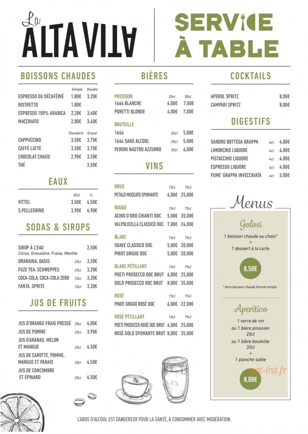 Carte et menu de La Alta Vita à Villefontaine — Les boissons, vins, cocktails et bières