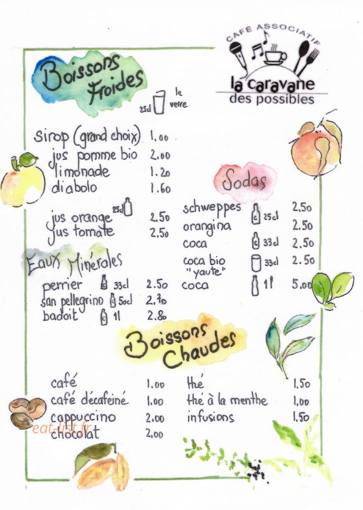 Carte et menu de La caravane des possibles à Villefontaine — Les boissons froides, boissons chaudes