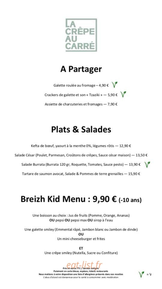 Carte et menu de La Crepe Au Carré à Villefontaine — Les salades et plats,...