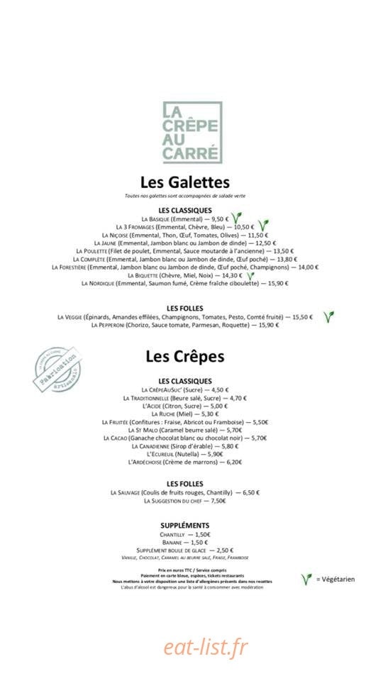 Carte et menu de La Crepe Au Carré à Villefontaine — les gallettes et crepes