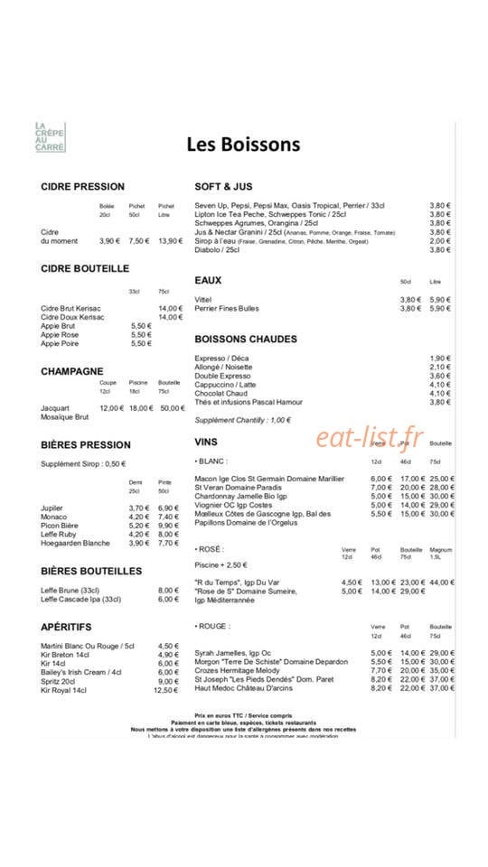 Carte et menu de La Crepe Au Carré à Villefontaine — les boissons