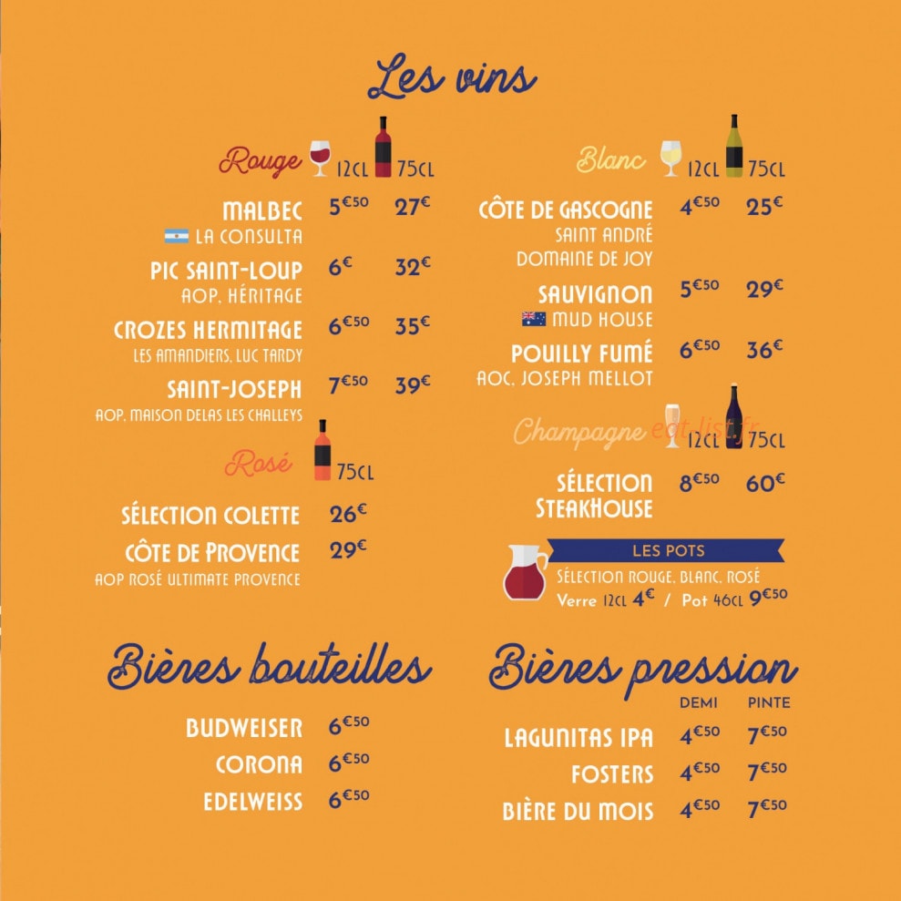 Carte et menu de Le SteakHouse de Colette à Villefontaine — Les vins, bières