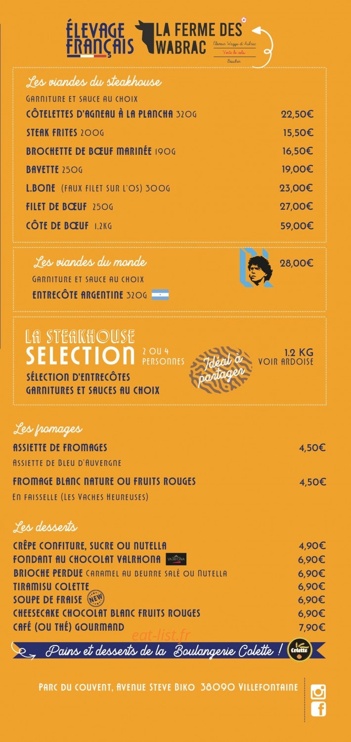 Carte et menu de Le SteakHouse de Colette à Villefontaine — Les viandes de Steakhouse, fromages, ...