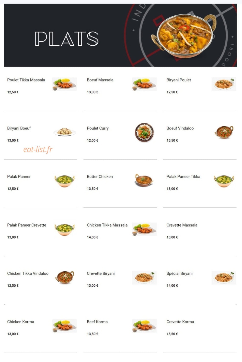 Carte et menu de India naan la tour du pin à La Tour du Pin — Les plats seul
