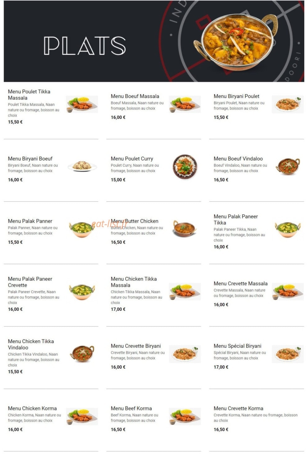 Carte et menu de India naan la tour du pin à La Tour du Pin — Les plat menu