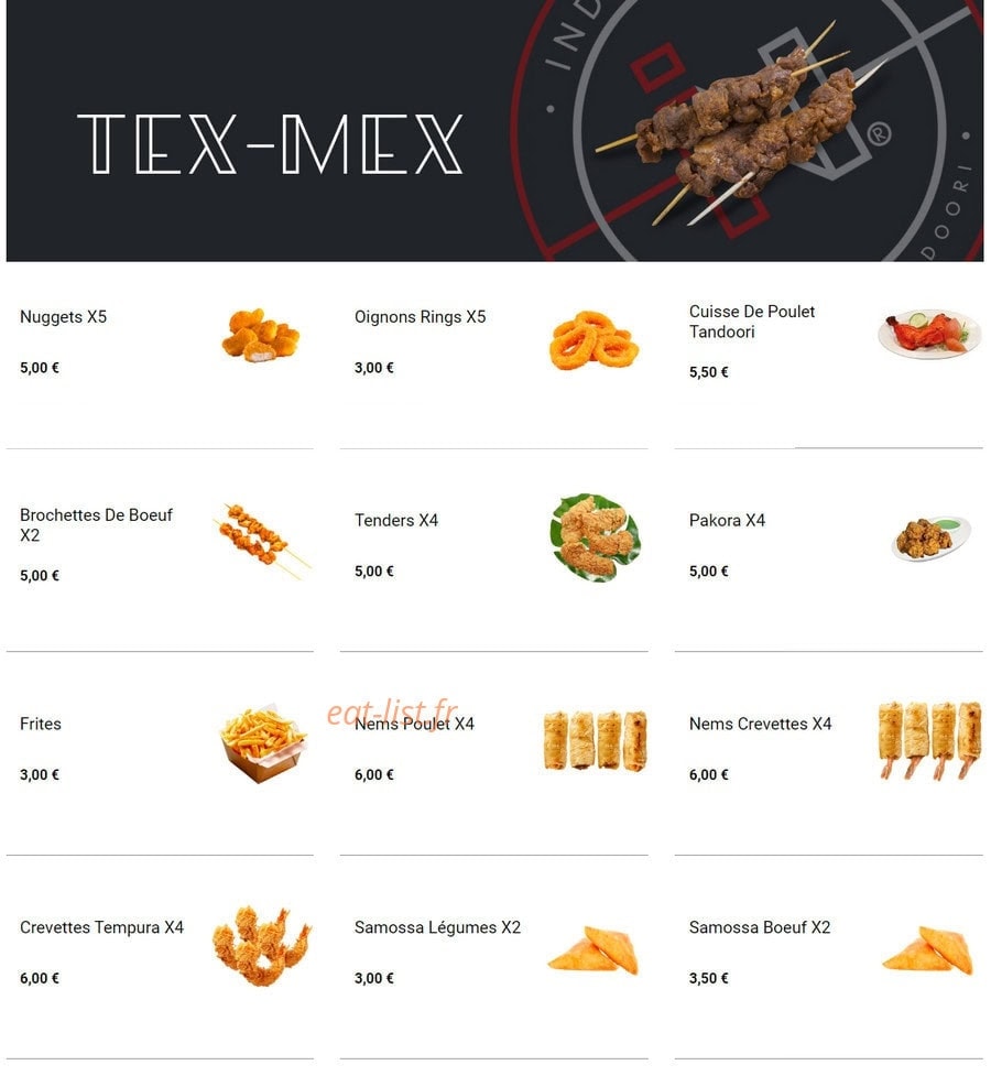 Carte et menu de India naan la tour du pin à La Tour du Pin — Les tex mex